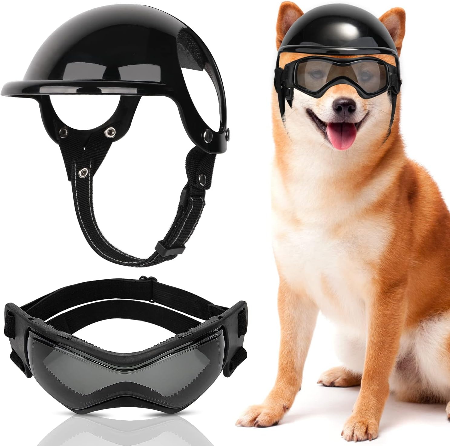 image:imageSlowTon Dog Helmet and Goggles UV Protection Doggy Sunglasses Dog Glasses Pet Motorcycle Helmet Hat with Ear Holes Adjustable Belt Safety Hat for Small Medium Large Dogs Puppy Riding Black M1Black