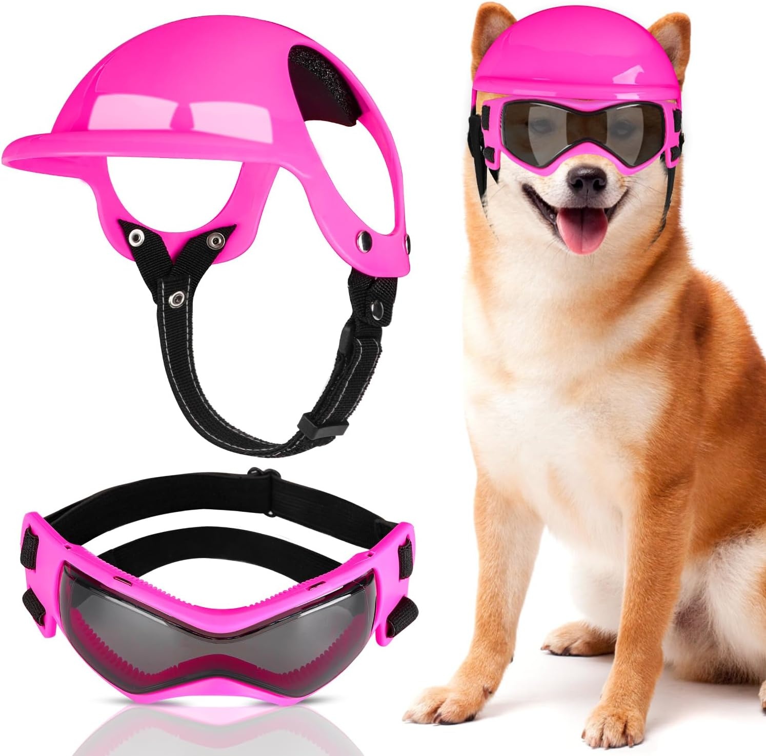 image:imageSlowTon Dog Helmet and Goggles UV Protection Doggy Sunglasses Dog Glasses Pet Motorcycle Helmet Hat with Ear Holes Adjustable Belt Safety Hat for Small Medium Large Dogs Puppy Riding Black M2Pink