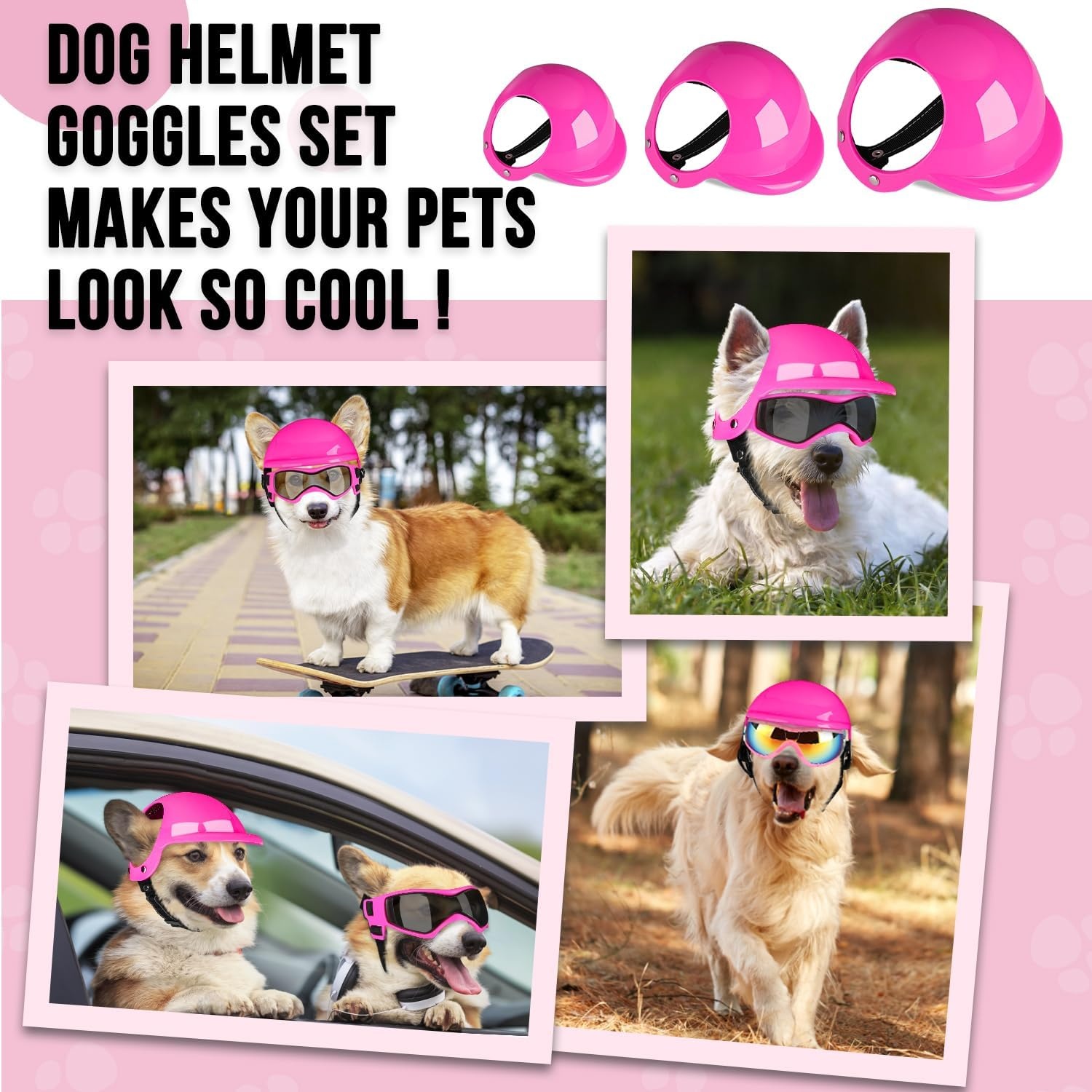 image:imageSlowTon Dog Helmet and Goggles UV Protection Doggy Sunglasses Dog Glasses Pet Motorcycle Helmet Hat with Ear Holes Adjustable Belt Safety Hat for Small Medium Large Dogs Puppy Riding Black M2Pink