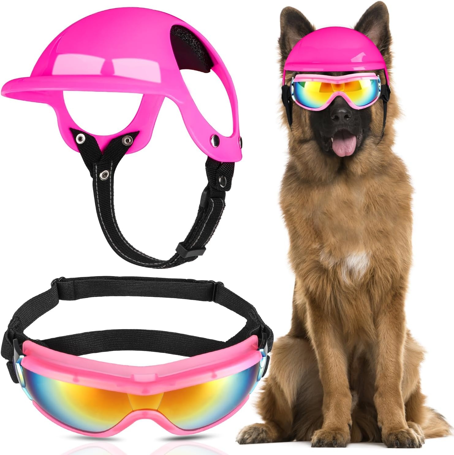 image:imageSlowTon Dog Helmet and Goggles UV Protection Doggy Sunglasses Dog Glasses Pet Motorcycle Helmet Hat with Ear Holes Adjustable Belt Safety Hat for Small Medium Large Dogs Puppy Riding Black M2Pink