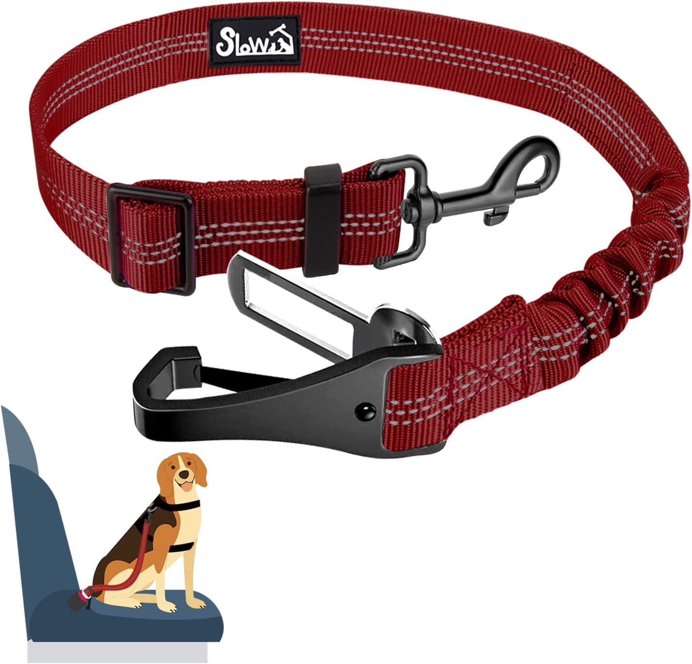 image:imageSlowTon Dog Seat Belt Adjustable Dog Safety Belt Leash 2 in 1 Latch Bar Attachment Dogs Car Seatbelt with Elastic Nylon Bungee Buffer Reflective Nylon Belt Tether Connect to Dog Harness BlueRed