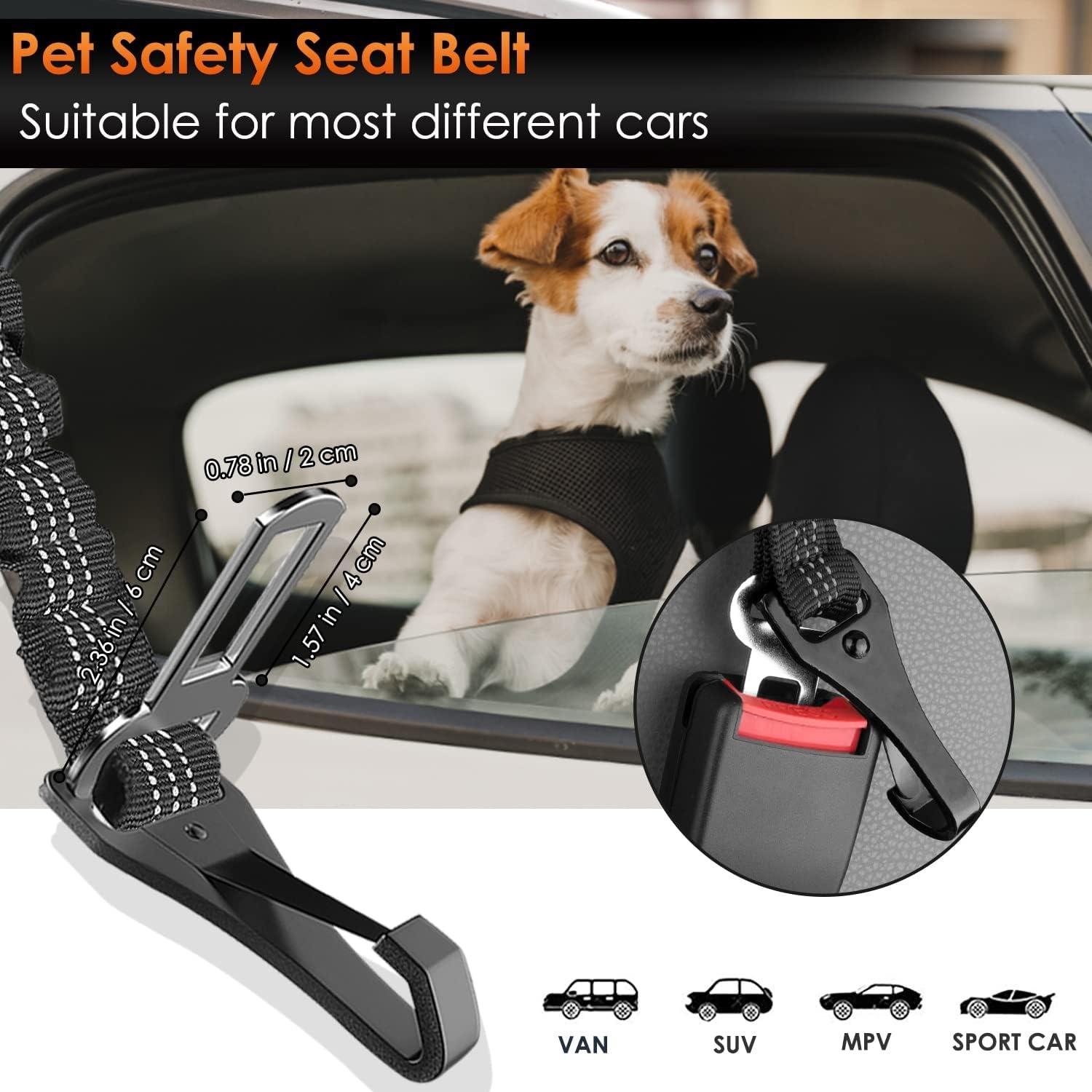 image:imageSlowTon Dog Seat Belt Adjustable Dog Safety Belt Leash 2 in 1 Latch Bar Attachment Dogs Car Seatbelt with Elastic Nylon Bungee Buffer Reflective Nylon Belt Tether Connect to Dog Harness BlueBlack
