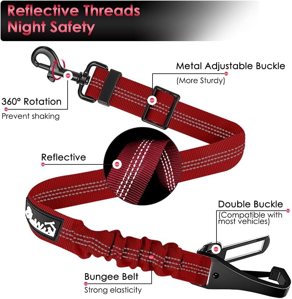 image:imageSlowTon Dog Seat Belt Adjustable Dog Safety Belt Leash 2 in 1 Latch Bar Attachment Dogs Car Seatbelt with Elastic Nylon Bungee Buffer Reflective Nylon Belt Tether Connect to Dog Harness BlueRed