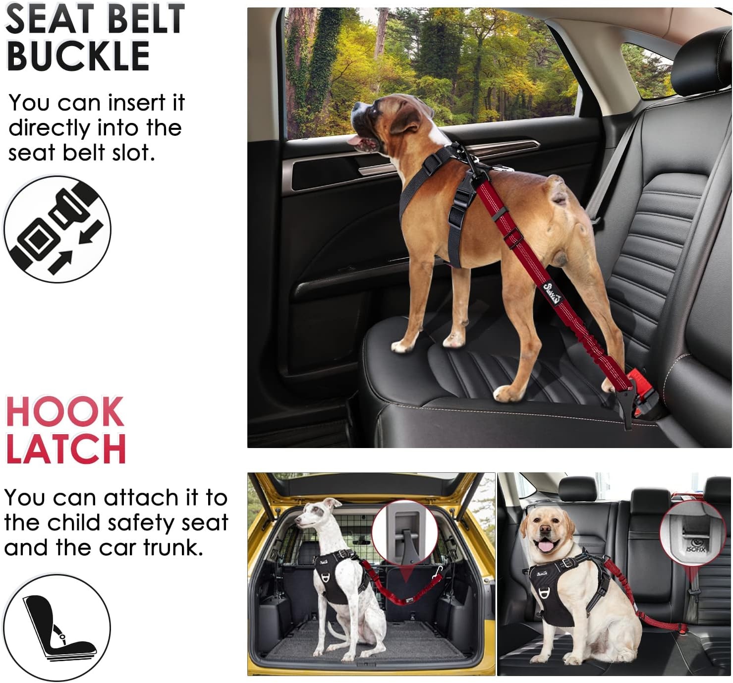 image:imageSlowTon Dog Seat Belt Adjustable Dog Safety Belt Leash 2 in 1 Latch Bar Attachment Dogs Car Seatbelt with Elastic Nylon Bungee Buffer Reflective Nylon Belt Tether Connect to Dog Harness BlueRed