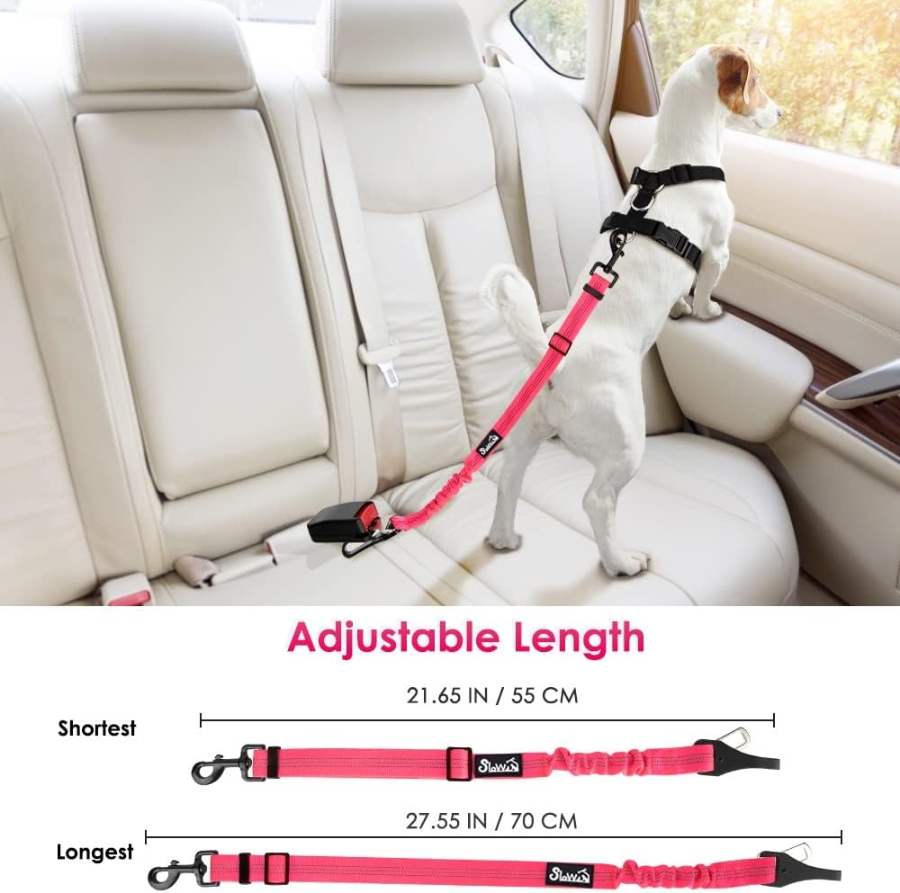 image:imageSlowTon Dog Seat Belt Adjustable Dog Safety Belt Leash 2 in 1 Latch Bar Attachment Dogs Car Seatbelt with Elastic Nylon Bungee Buffer Reflective Nylon Belt Tether Connect to Dog Harness BlueFluorescence Pink