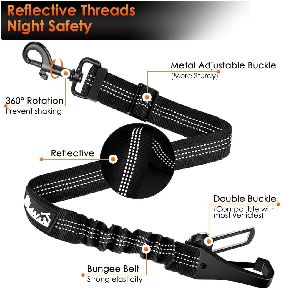 image:imageSlowTon Dog Seat Belt Adjustable Dog Safety Belt Leash 2 in 1 Latch Bar Attachment Dogs Car Seatbelt with Elastic Nylon Bungee Buffer Reflective Nylon Belt Tether Connect to Dog Harness BlueBlack