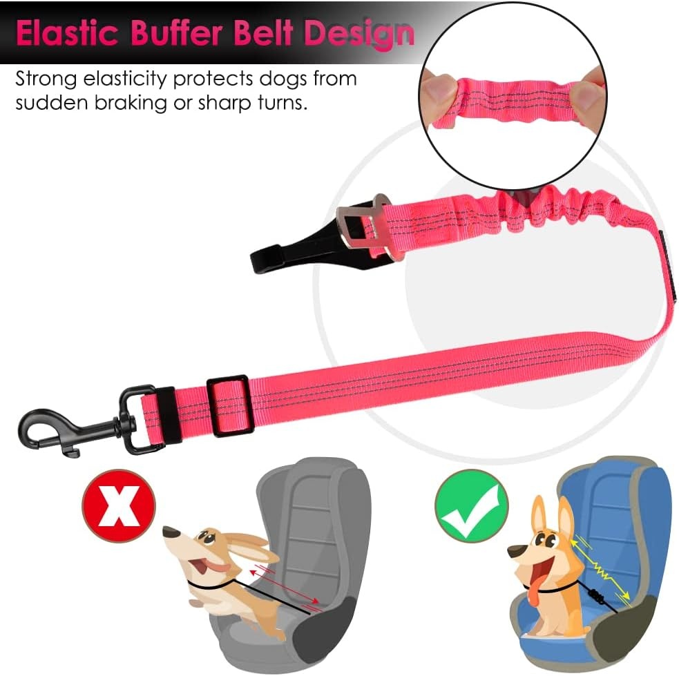 image:imageSlowTon Dog Seat Belt Adjustable Dog Safety Belt Leash 2 in 1 Latch Bar Attachment Dogs Car Seatbelt with Elastic Nylon Bungee Buffer Reflective Nylon Belt Tether Connect to Dog Harness BlueFluorescence Pink