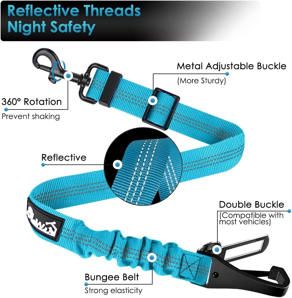 image:imageSlowTon Dog Seat Belt Adjustable Dog Safety Belt Leash 2 in 1 Latch Bar Attachment Dogs Car Seatbelt with Elastic Nylon Bungee Buffer Reflective Nylon Belt Tether Connect to Dog Harness BlueBlue