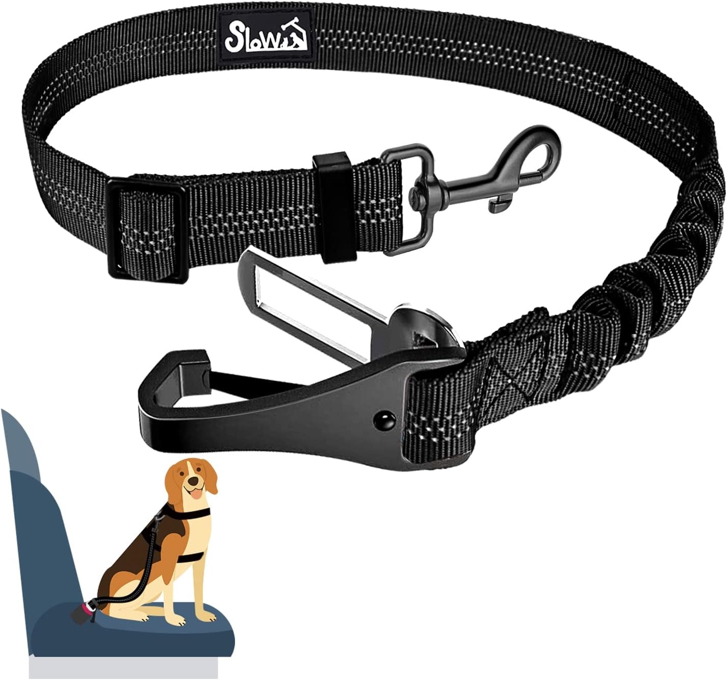 image:imageSlowTon Dog Seat Belt Adjustable Dog Safety Belt Leash 2 in 1 Latch Bar Attachment Dogs Car Seatbelt with Elastic Nylon Bungee Buffer Reflective Nylon Belt Tether Connect to Dog Harness BlueBlack