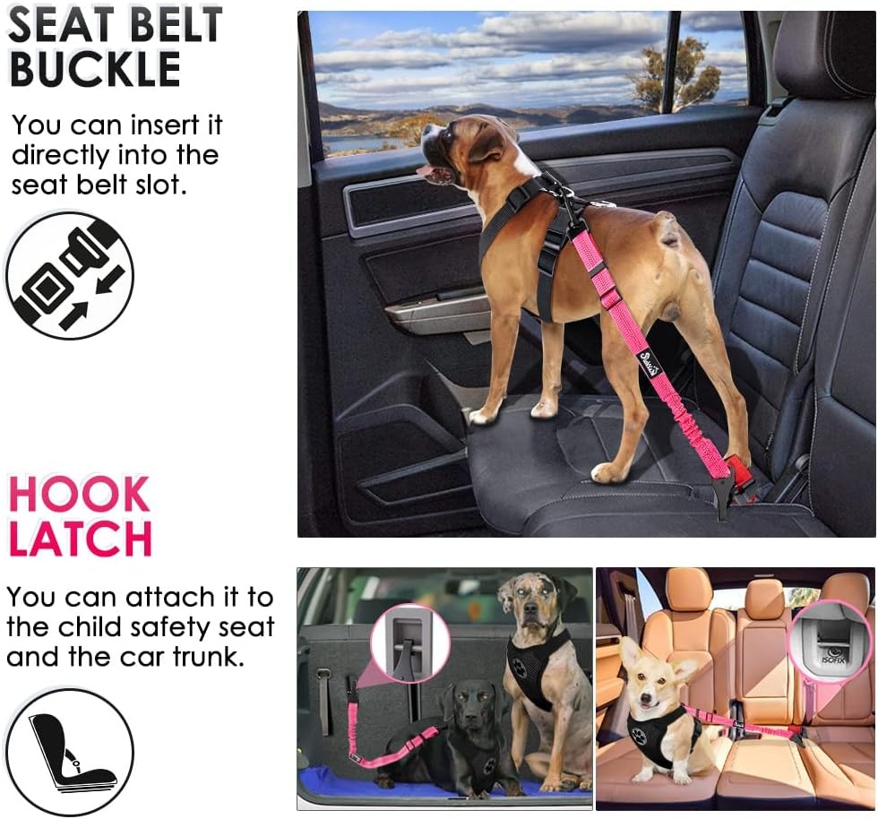 image:imageSlowTon Dog Seat Belt Adjustable Dog Safety Belt Leash 2 in 1 Latch Bar Attachment Dogs Car Seatbelt with Elastic Nylon Bungee Buffer Reflective Nylon Belt Tether Connect to Dog Harness BlueFluorescence Pink