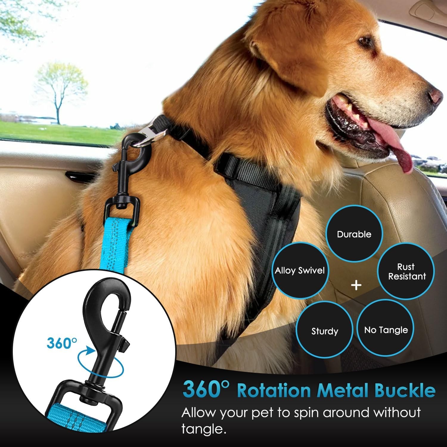 image:imageSlowTon Dog Seat Belt Adjustable Dog Safety Belt Leash 2 in 1 Latch Bar Attachment Dogs Car Seatbelt with Elastic Nylon Bungee Buffer Reflective Nylon Belt Tether Connect to Dog Harness BlueBlue