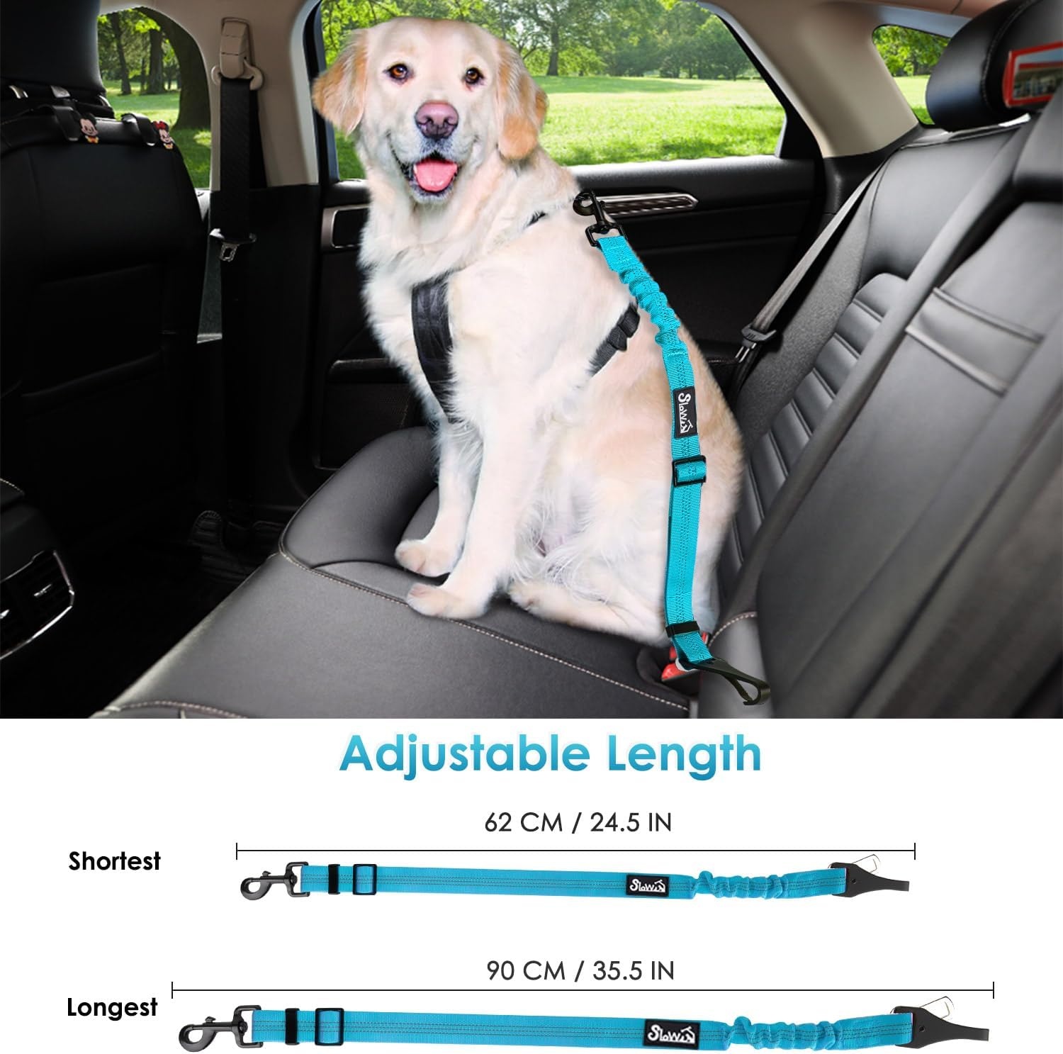 image:imageSlowTon Dog Seat Belt Adjustable Dog Safety Belt Leash 2 in 1 Latch Bar Attachment Dogs Car Seatbelt with Elastic Nylon Bungee Buffer Reflective Nylon Belt Tether Connect to Dog Harness BlueBlue
