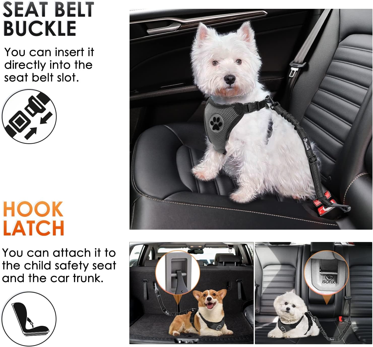 image:imageSlowTon Dog Seat Belt Adjustable Dog Safety Belt Leash 2 in 1 Latch Bar Attachment Dogs Car Seatbelt with Elastic Nylon Bungee Buffer Reflective Nylon Belt Tether Connect to Dog Harness BlueBlack