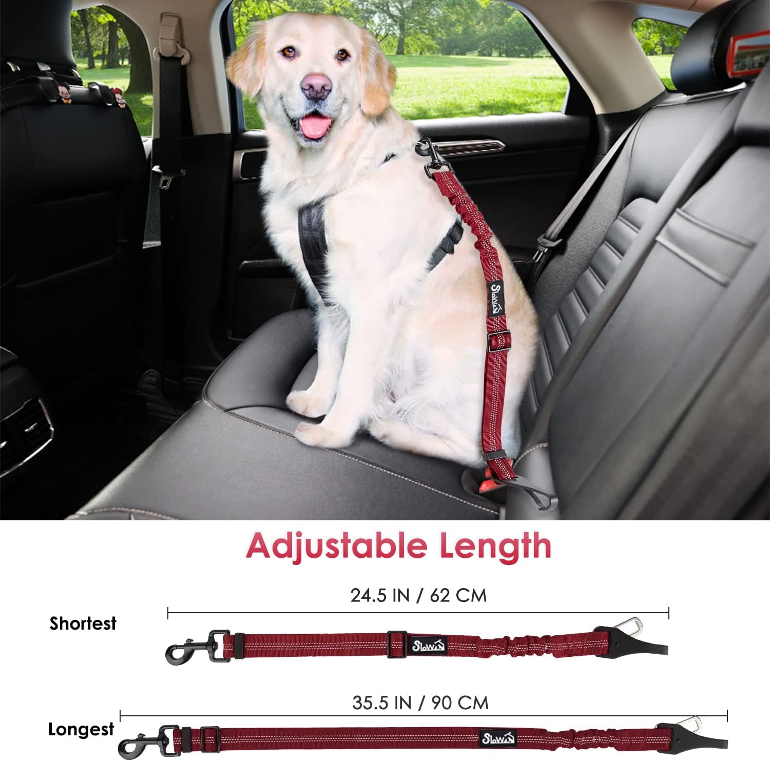 image:imageSlowTon Dog Seat Belt Adjustable Dog Safety Belt Leash 2 in 1 Latch Bar Attachment Dogs Car Seatbelt with Elastic Nylon Bungee Buffer Reflective Nylon Belt Tether Connect to Dog Harness BlueRed