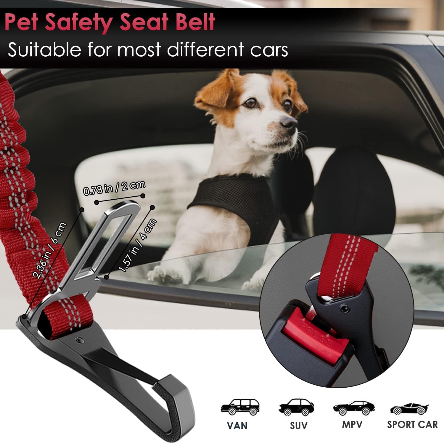 image:imageSlowTon Dog Seat Belt Adjustable Dog Safety Belt Leash 2 in 1 Latch Bar Attachment Dogs Car Seatbelt with Elastic Nylon Bungee Buffer Reflective Nylon Belt Tether Connect to Dog Harness BlueRed