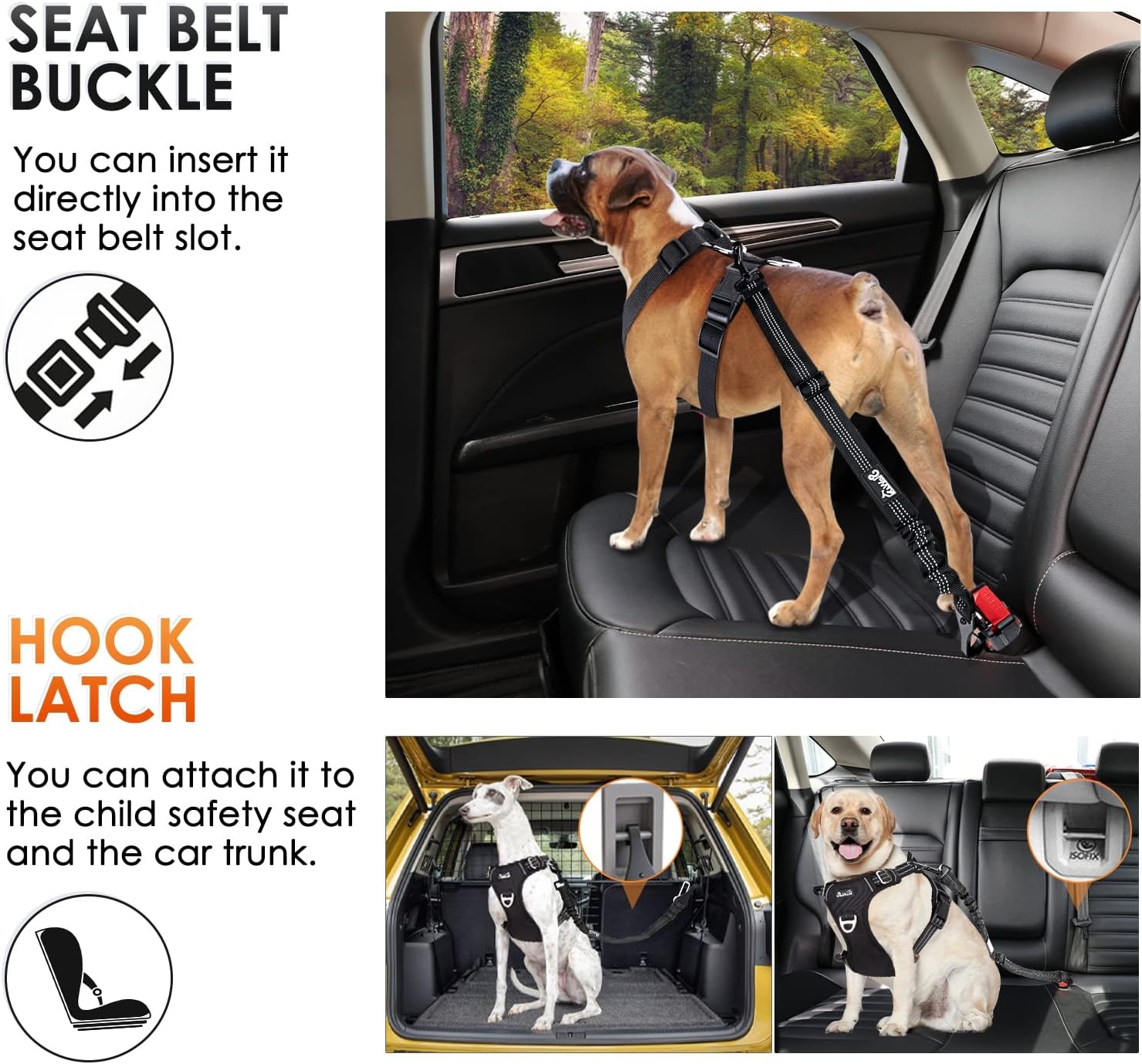 image:imageSlowTon Dog Seat Belt Adjustable Dog Safety Belt Leash 2 in 1 Latch Bar Attachment Dogs Car Seatbelt with Elastic Nylon Bungee Buffer Reflective Nylon Belt Tether Connect to Dog Harness BlueBlack