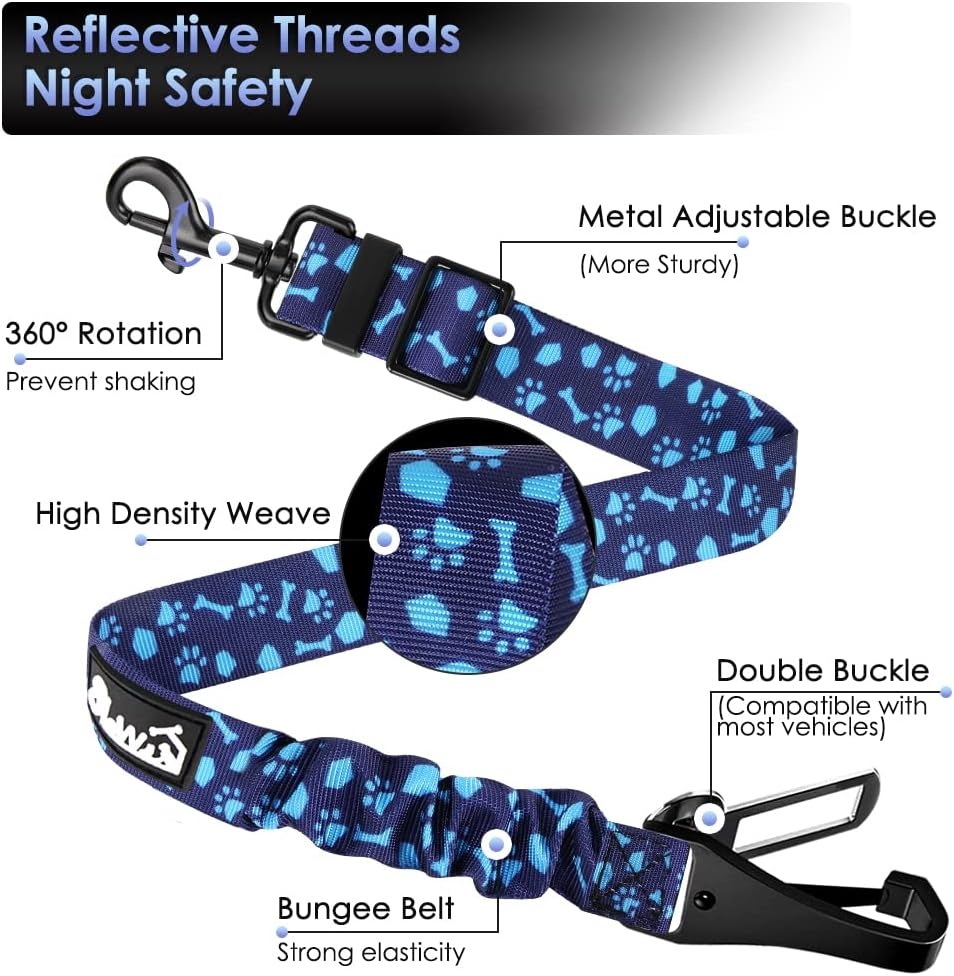 image:imageSlowTon Dog Seat Belt Adjustable Dog Safety Belt Leash 2 in 1 Latch Bar Attachment Dogs Car Seatbelt with Elastic Nylon Bungee Buffer Reflective Nylon Belt Tether Connect to Dog Harness BlueBlue Dog Paw