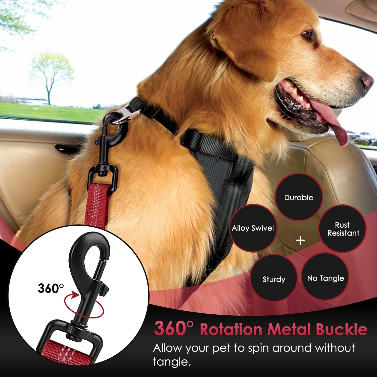 image:imageSlowTon Dog Seat Belt Adjustable Dog Safety Belt Leash 2 in 1 Latch Bar Attachment Dogs Car Seatbelt with Elastic Nylon Bungee Buffer Reflective Nylon Belt Tether Connect to Dog Harness BlueRed