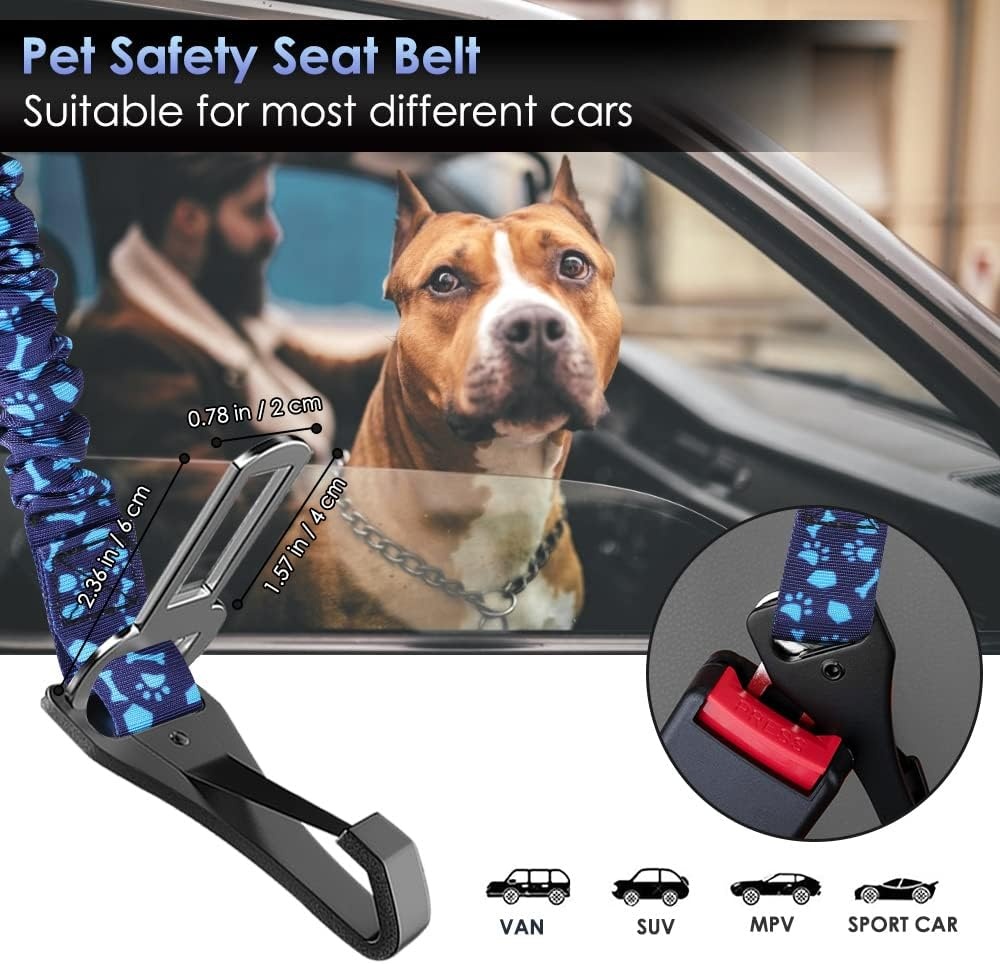 image:imageSlowTon Dog Seat Belt Adjustable Dog Safety Belt Leash 2 in 1 Latch Bar Attachment Dogs Car Seatbelt with Elastic Nylon Bungee Buffer Reflective Nylon Belt Tether Connect to Dog Harness BlueBlue Dog Paw