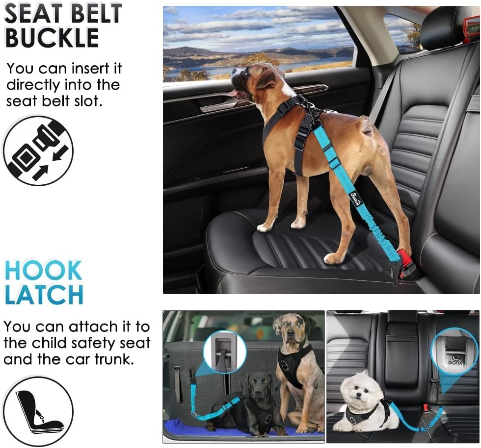 image:imageSlowTon Dog Seat Belt Adjustable Dog Safety Belt Leash 2 in 1 Latch Bar Attachment Dogs Car Seatbelt with Elastic Nylon Bungee Buffer Reflective Nylon Belt Tether Connect to Dog Harness BlueBlue