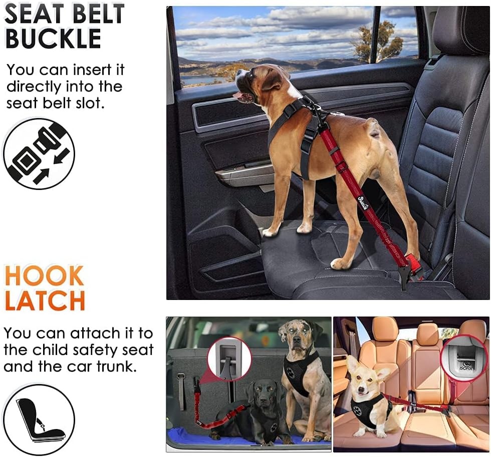image:imageSlowTon Dog Seat Belt Adjustable Dog Safety Belt Leash 2 in 1 Latch Bar Attachment Dogs Car Seatbelt with Elastic Nylon Bungee Buffer Reflective Nylon Belt Tether Connect to Dog Harness BlueRed