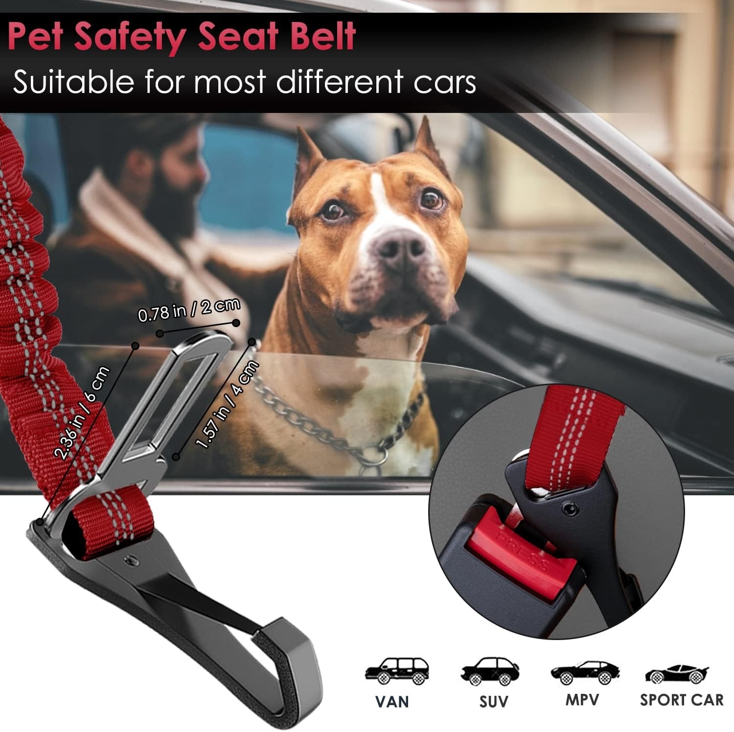 image:imageSlowTon Dog Seat Belt Adjustable Dog Safety Belt Leash 2 in 1 Latch Bar Attachment Dogs Car Seatbelt with Elastic Nylon Bungee Buffer Reflective Nylon Belt Tether Connect to Dog Harness BlueRed
