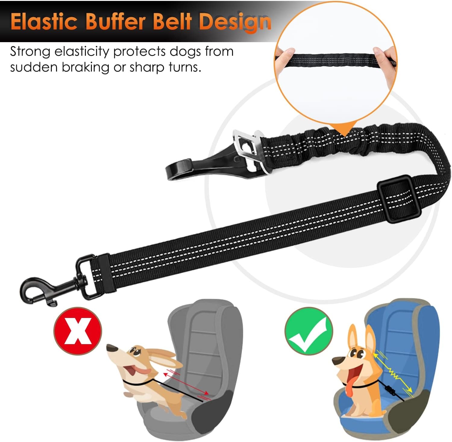 image:imageSlowTon Dog Seat Belt Adjustable Dog Safety Belt Leash 2 in 1 Latch Bar Attachment Dogs Car Seatbelt with Elastic Nylon Bungee Buffer Reflective Nylon Belt Tether Connect to Dog Harness BlueBlack