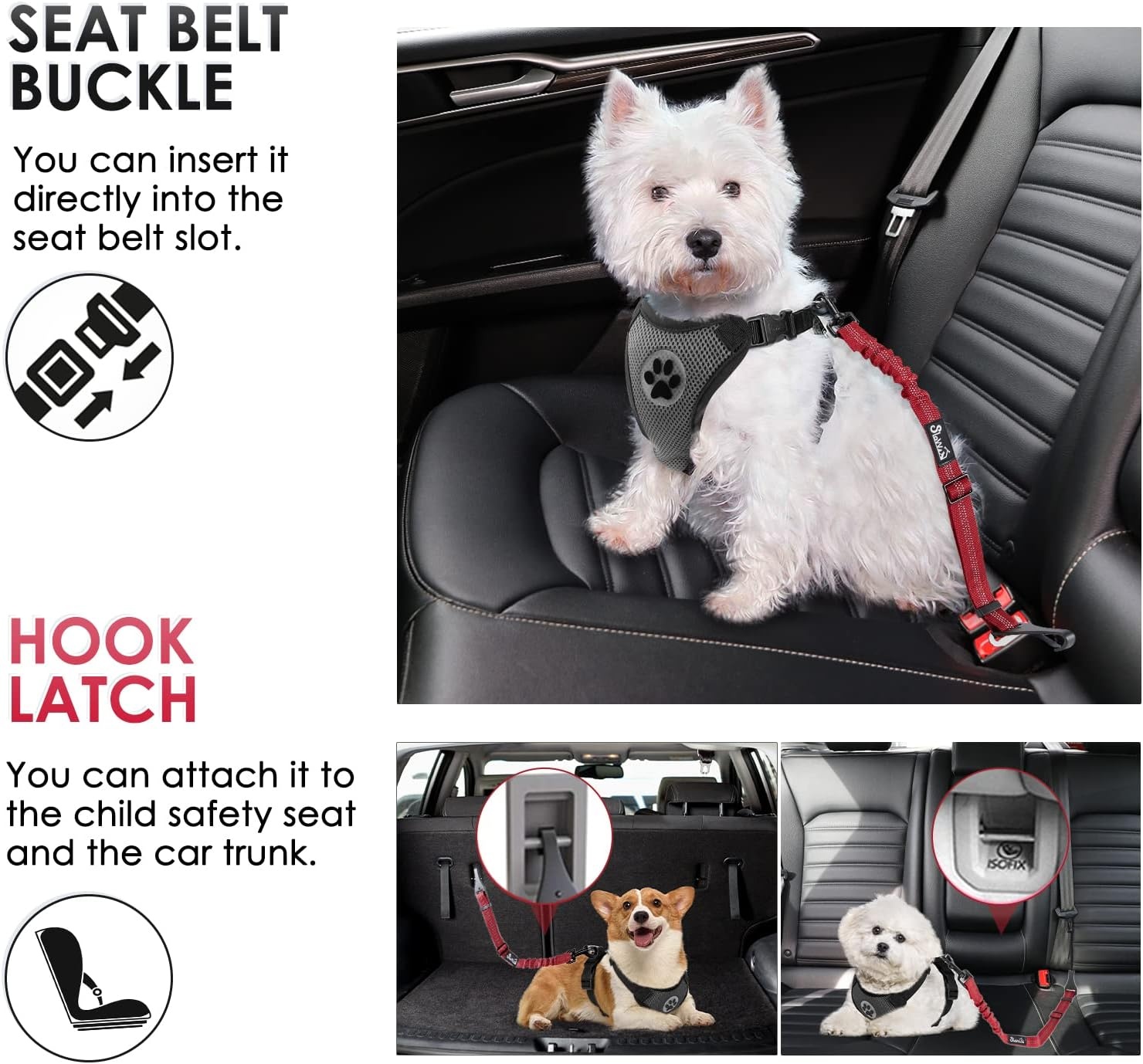 image:imageSlowTon Dog Seat Belt Adjustable Dog Safety Belt Leash 2 in 1 Latch Bar Attachment Dogs Car Seatbelt with Elastic Nylon Bungee Buffer Reflective Nylon Belt Tether Connect to Dog Harness BlueRed