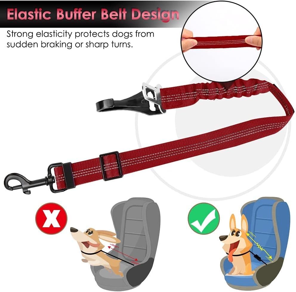 image:imageSlowTon Dog Seat Belt Adjustable Dog Safety Belt Leash 2 in 1 Latch Bar Attachment Dogs Car Seatbelt with Elastic Nylon Bungee Buffer Reflective Nylon Belt Tether Connect to Dog Harness BlueRed