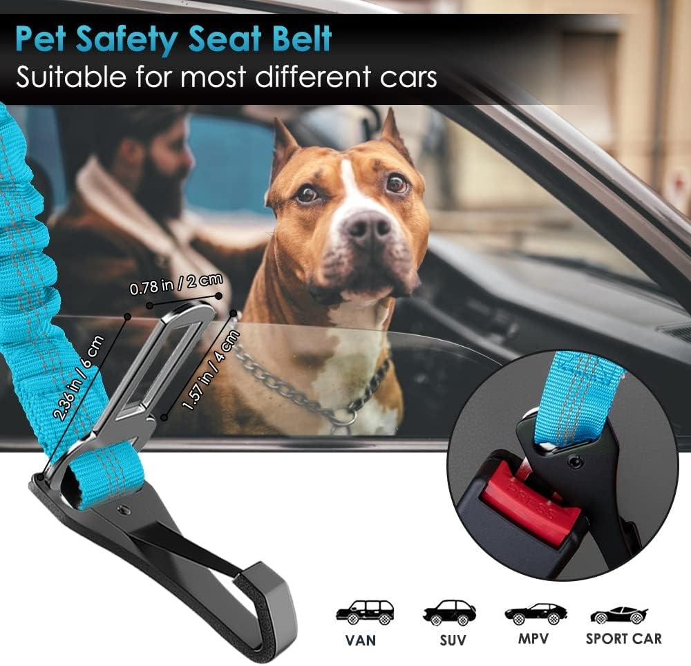 image:imageSlowTon Dog Seat Belt Adjustable Dog Safety Belt Leash 2 in 1 Latch Bar Attachment Dogs Car Seatbelt with Elastic Nylon Bungee Buffer Reflective Nylon Belt Tether Connect to Dog Harness BlueBlue