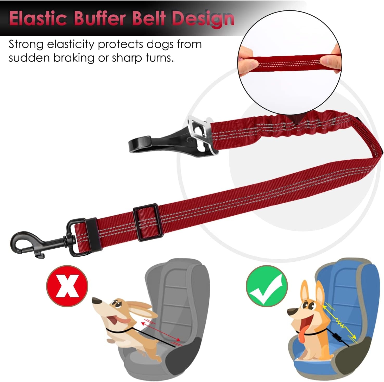 image:imageSlowTon Dog Seat Belt Adjustable Dog Safety Belt Leash 2 in 1 Latch Bar Attachment Dogs Car Seatbelt with Elastic Nylon Bungee Buffer Reflective Nylon Belt Tether Connect to Dog Harness BlueRed