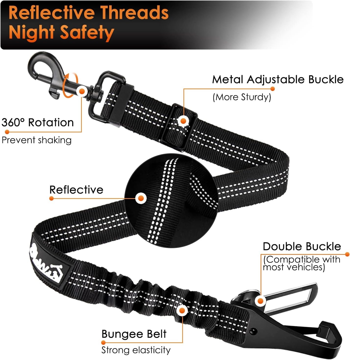 image:imageSlowTon Dog Seat Belt Adjustable Dog Safety Belt Leash 2 in 1 Latch Bar Attachment Dogs Car Seatbelt with Elastic Nylon Bungee Buffer Reflective Nylon Belt Tether Connect to Dog Harness BlueBlack