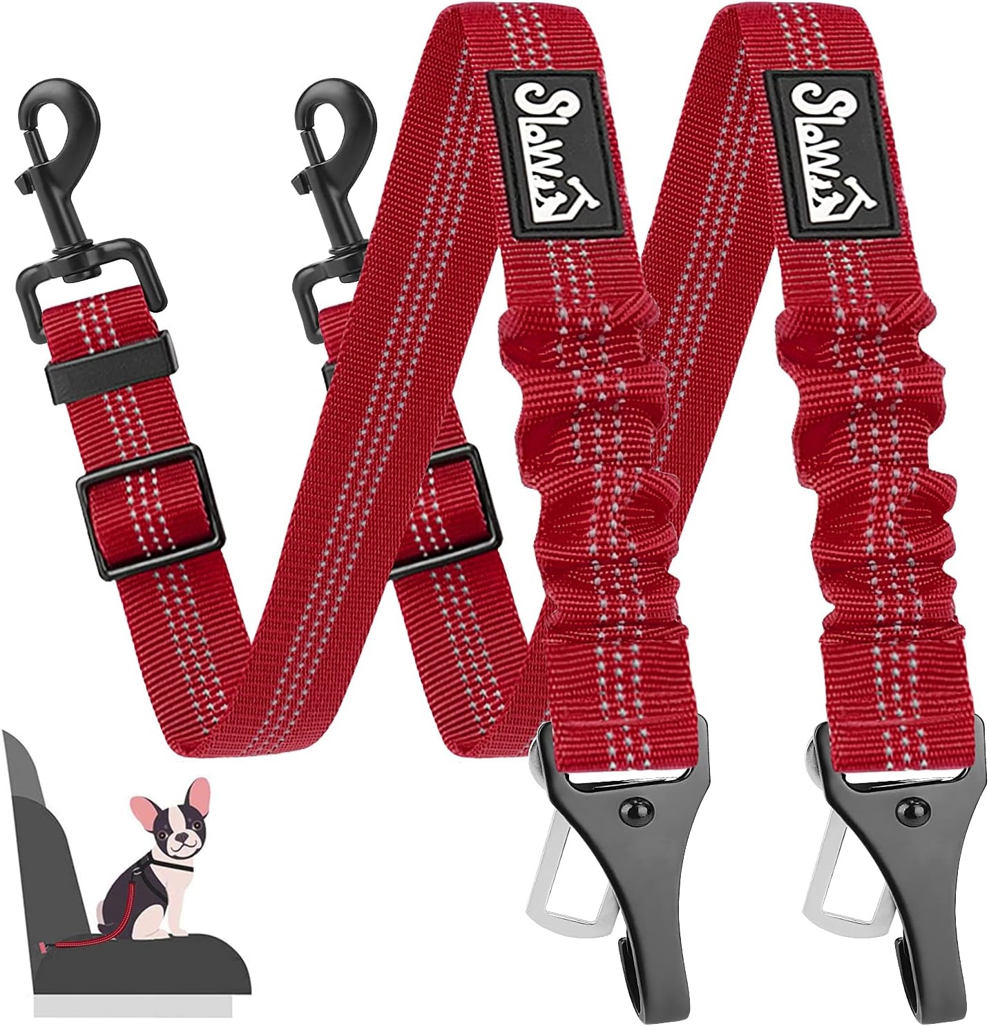 image:imageSlowTon Dog Seat Belt Adjustable Dog Safety Belt Leash 2 in 1 Latch Bar Attachment Dogs Car Seatbelt with Elastic Nylon Bungee Buffer Reflective Nylon Belt Tether Connect to Dog Harness BlueRed