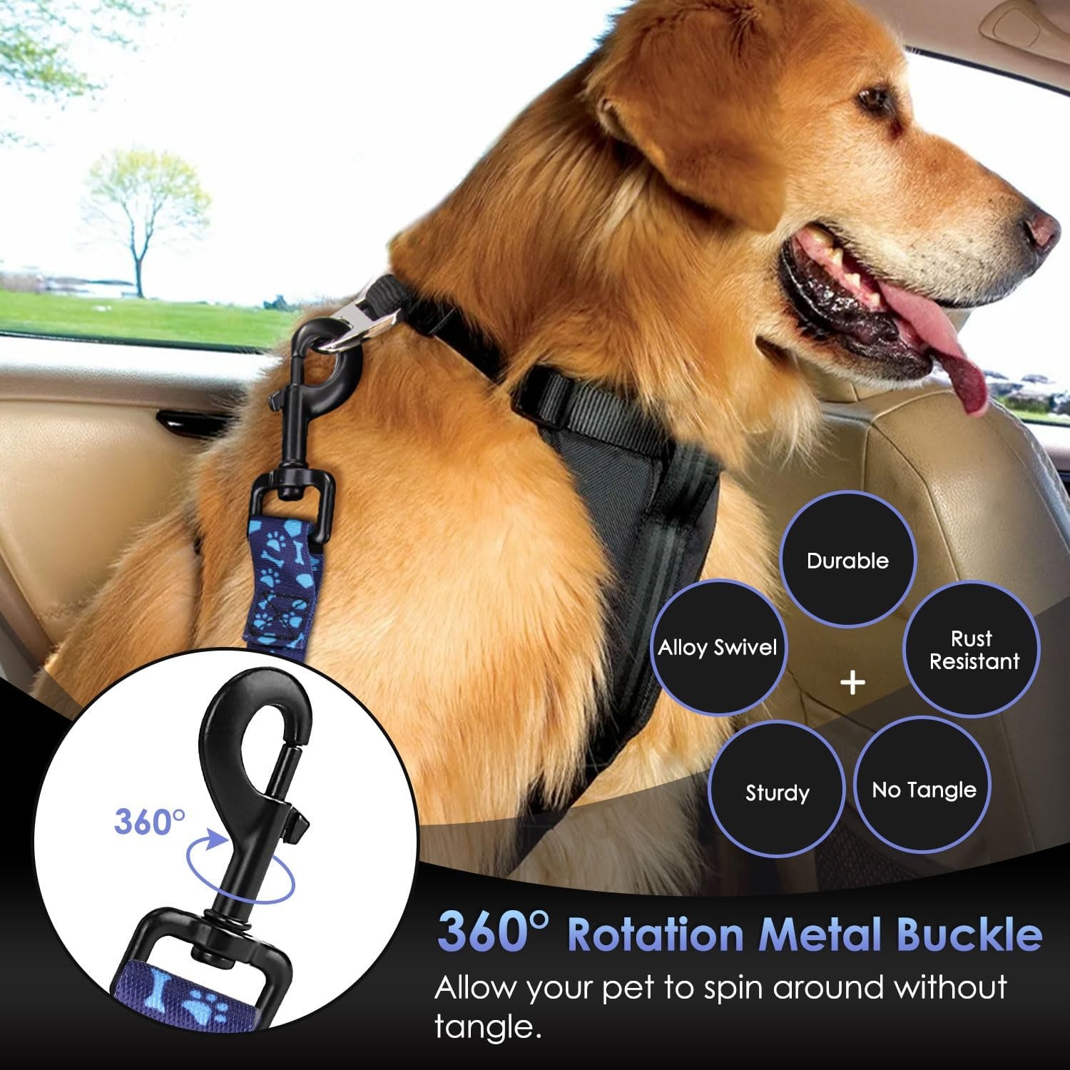 image:imageSlowTon Dog Seat Belt Adjustable Dog Safety Belt Leash 2 in 1 Latch Bar Attachment Dogs Car Seatbelt with Elastic Nylon Bungee Buffer Reflective Nylon Belt Tether Connect to Dog Harness BlueBlue Dog Paw