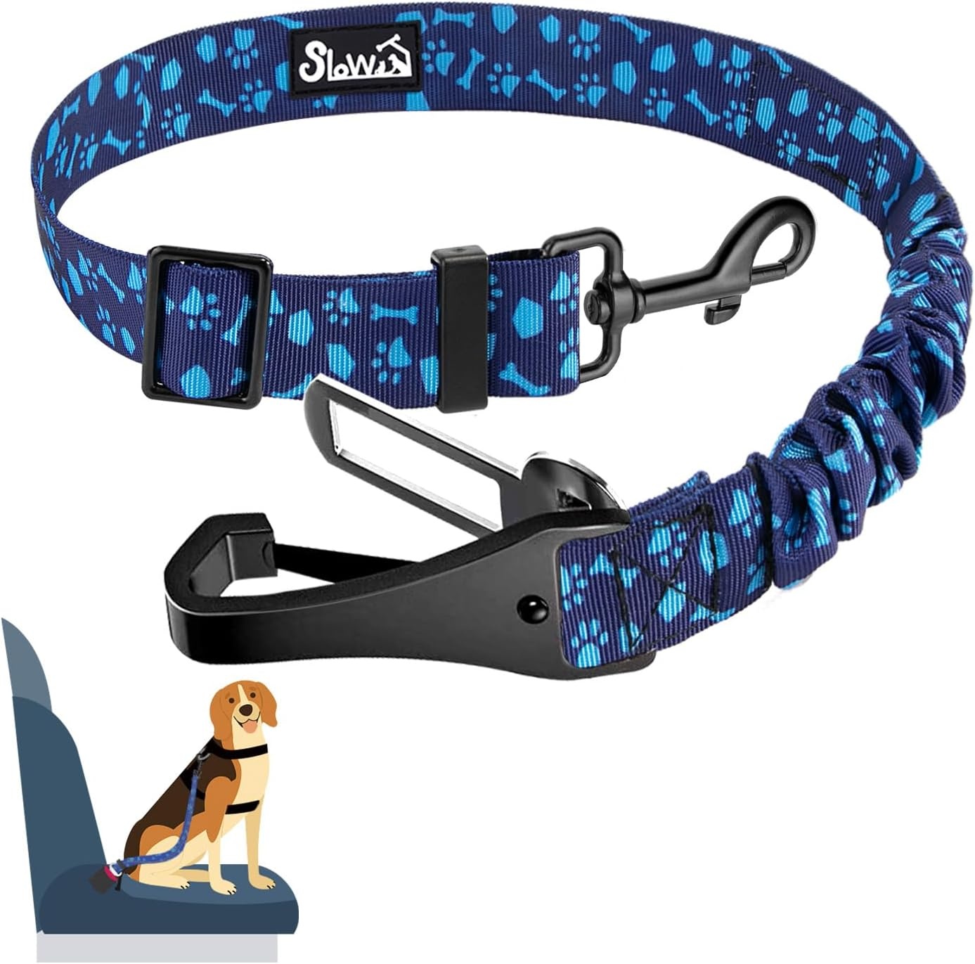 image:imageSlowTon Dog Seat Belt Adjustable Dog Safety Belt Leash 2 in 1 Latch Bar Attachment Dogs Car Seatbelt with Elastic Nylon Bungee Buffer Reflective Nylon Belt Tether Connect to Dog Harness BlueBlue Dog Paw