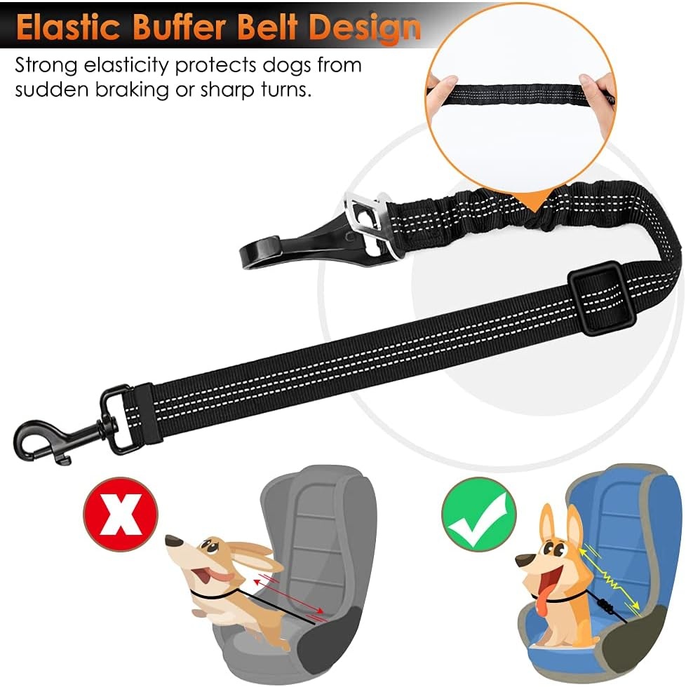 image:imageSlowTon Dog Seat Belt Adjustable Dog Safety Belt Leash 2 in 1 Latch Bar Attachment Dogs Car Seatbelt with Elastic Nylon Bungee Buffer Reflective Nylon Belt Tether Connect to Dog Harness BlueBlack