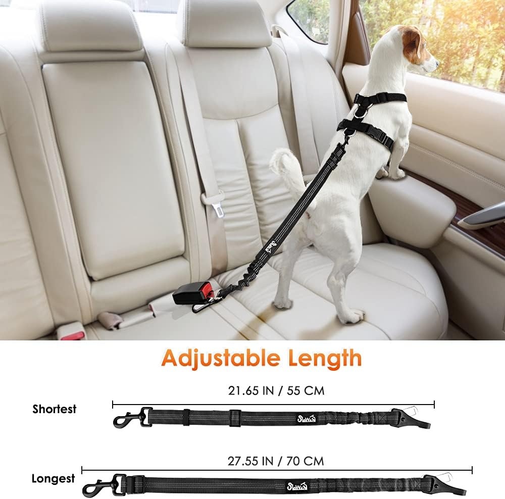 image:imageSlowTon Dog Seat Belt Adjustable Dog Safety Belt Leash 2 in 1 Latch Bar Attachment Dogs Car Seatbelt with Elastic Nylon Bungee Buffer Reflective Nylon Belt Tether Connect to Dog Harness BlueBlack