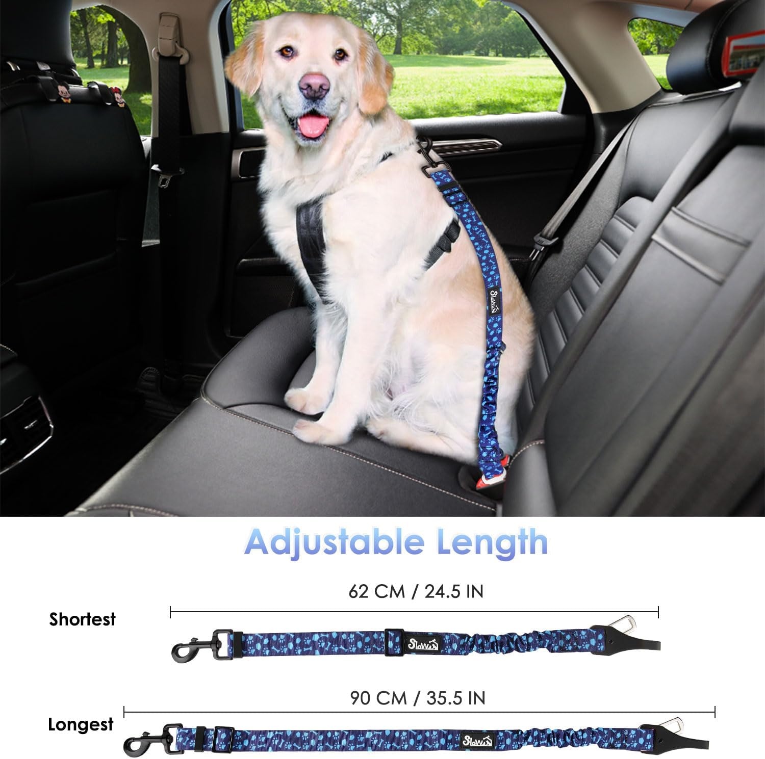 image:imageSlowTon Dog Seat Belt Adjustable Dog Safety Belt Leash 2 in 1 Latch Bar Attachment Dogs Car Seatbelt with Elastic Nylon Bungee Buffer Reflective Nylon Belt Tether Connect to Dog Harness BlueBlue Dog Paw