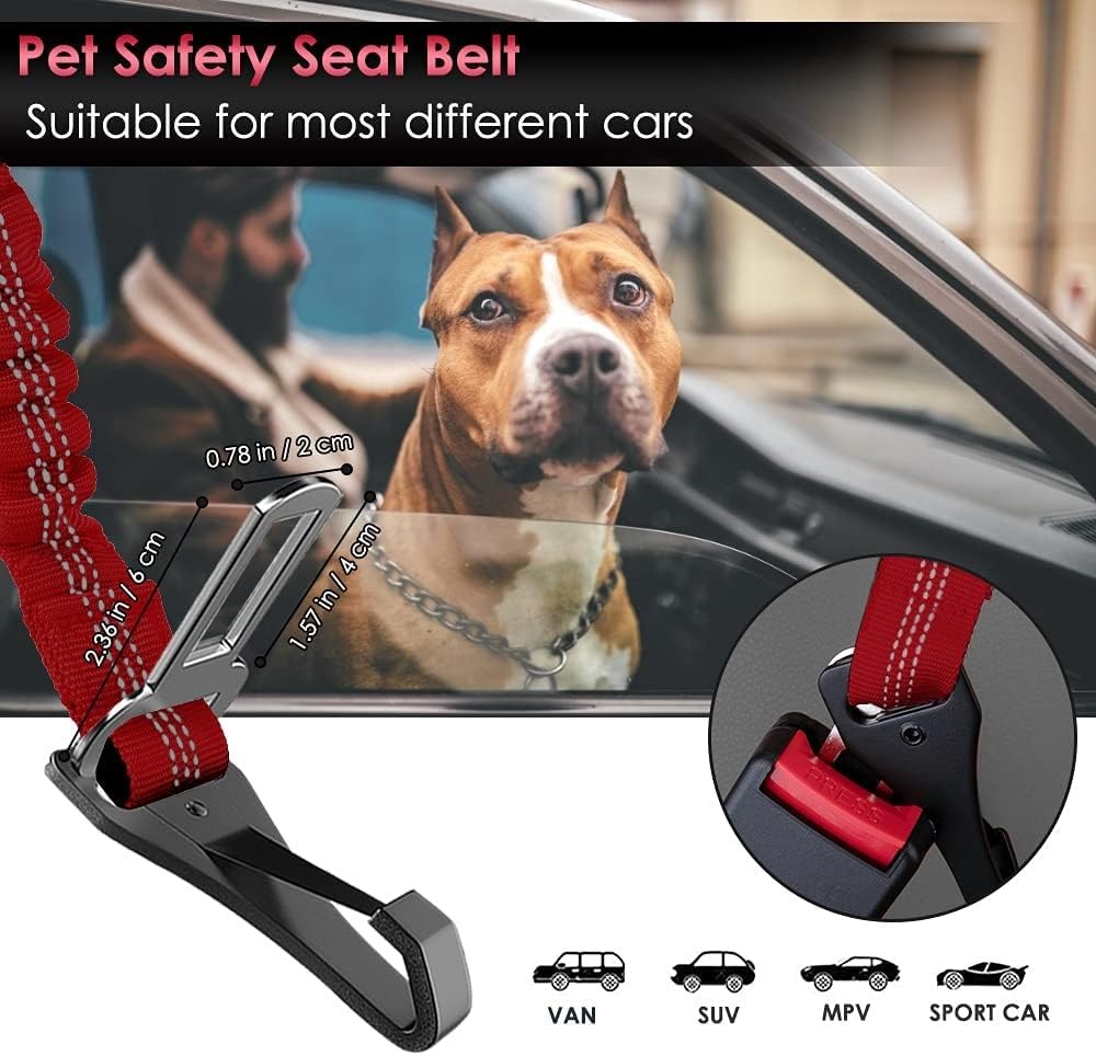 image:imageSlowTon Dog Seat Belt Adjustable Dog Safety Belt Leash 2 in 1 Latch Bar Attachment Dogs Car Seatbelt with Elastic Nylon Bungee Buffer Reflective Nylon Belt Tether Connect to Dog Harness BlueRed