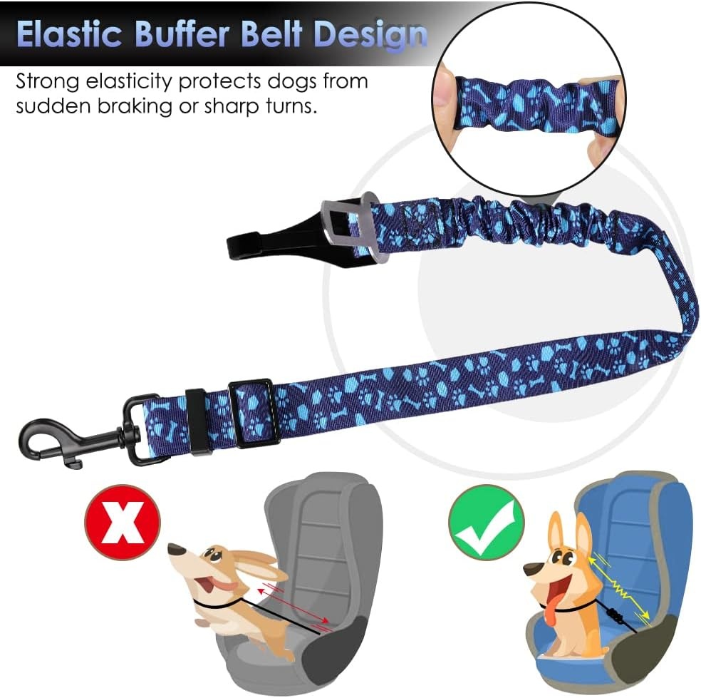 image:imageSlowTon Dog Seat Belt Adjustable Dog Safety Belt Leash 2 in 1 Latch Bar Attachment Dogs Car Seatbelt with Elastic Nylon Bungee Buffer Reflective Nylon Belt Tether Connect to Dog Harness BlueBlue Dog Paw