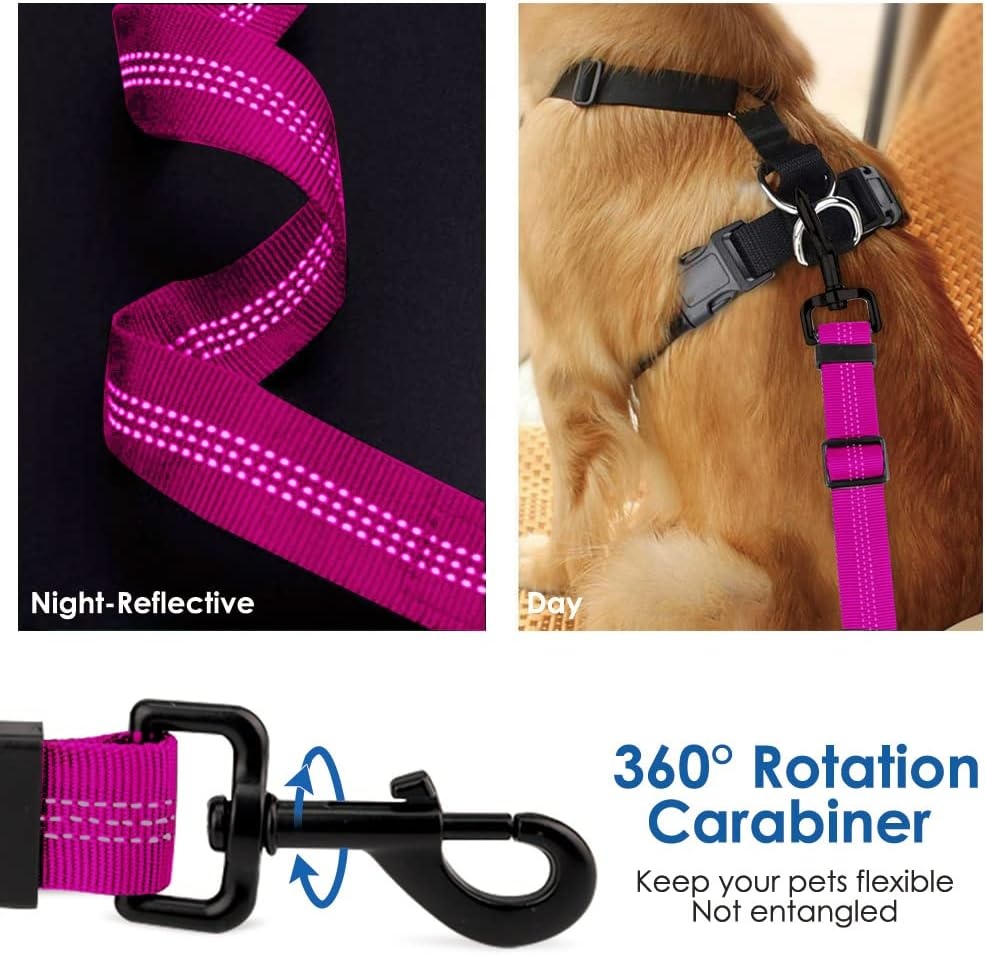image:imageSlowTon Dog Seat Belt Adjustable Dog Safety Belt Leash 2 in 1 Latch Bar Attachment Dogs Car Seatbelt with Elastic Nylon Bungee Buffer Reflective Nylon Belt Tether Connect to Dog Harness BlueFluorescence Pink