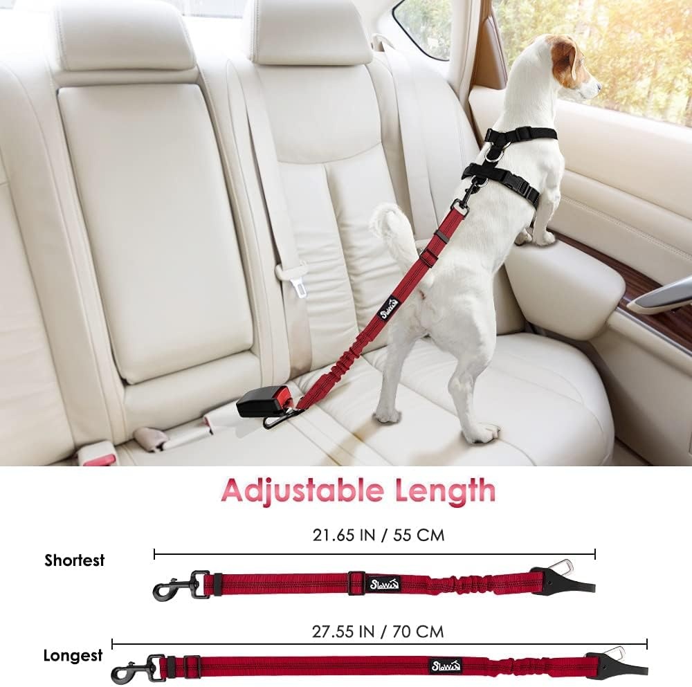 image:imageSlowTon Dog Seat Belt Adjustable Dog Safety Belt Leash 2 in 1 Latch Bar Attachment Dogs Car Seatbelt with Elastic Nylon Bungee Buffer Reflective Nylon Belt Tether Connect to Dog Harness BlueRed