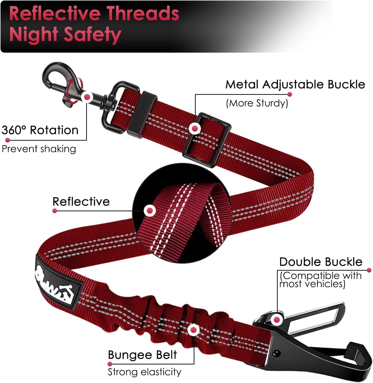 image:imageSlowTon Dog Seat Belt Adjustable Dog Safety Belt Leash 2 in 1 Latch Bar Attachment Dogs Car Seatbelt with Elastic Nylon Bungee Buffer Reflective Nylon Belt Tether Connect to Dog Harness BlueRed