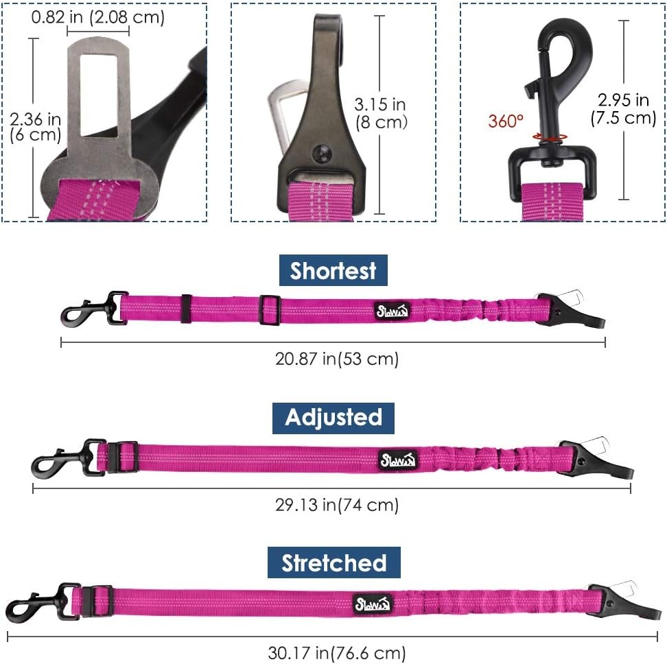 image:imageSlowTon Dog Seat Belt Adjustable Dog Safety Belt Leash 2 in 1 Latch Bar Attachment Dogs Car Seatbelt with Elastic Nylon Bungee Buffer Reflective Nylon Belt Tether Connect to Dog Harness BlueFluorescence Pink