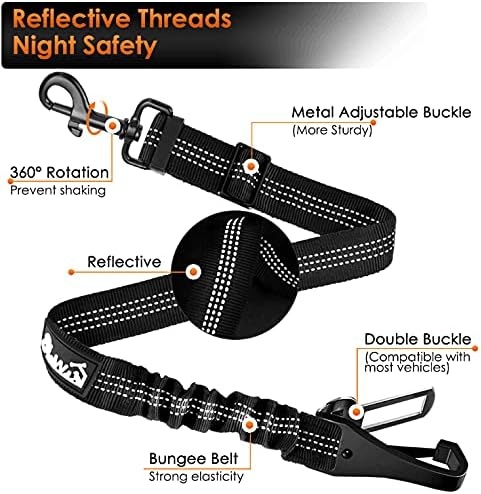 image:imageSlowTon Dog Seat Belt Adjustable Dog Safety Belt Leash 2 in 1 Latch Bar Attachment Dogs Car Seatbelt with Elastic Nylon Bungee Buffer Reflective Nylon Belt Tether Connect to Dog Harness BlueBlack