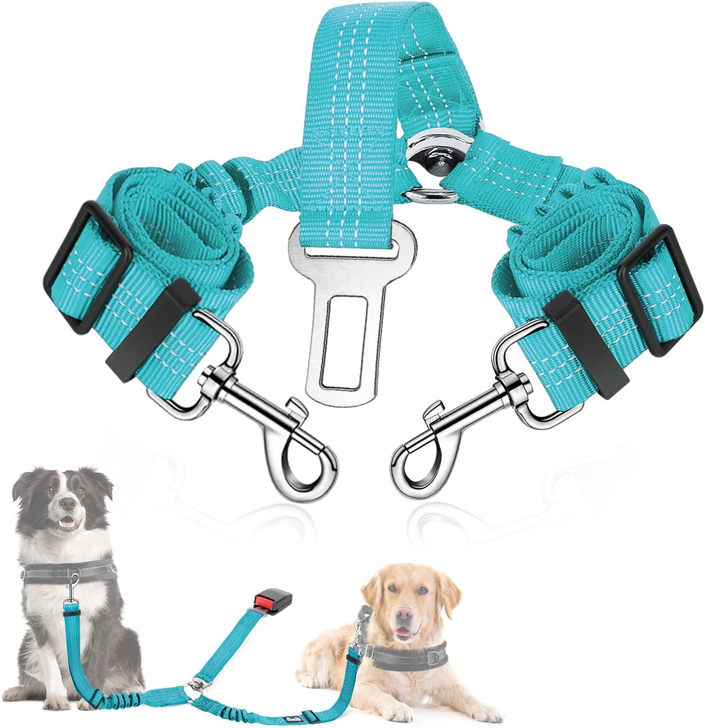 image:imageSlowTon Dog Seat Belt Double Dog Seatbelt Adjustable Vehicle Safety Leash with Elastic Bungee Buffer Reflective No Tangle Y Shape Two Dog Harness Seat Belt Splitter for Pets Car Trip Black SCMint Blue