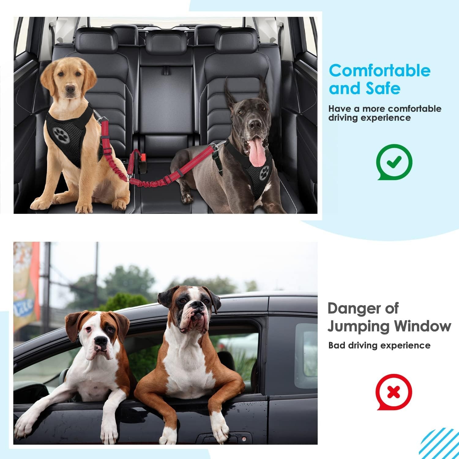 image:imageSlowTon Dog Seat Belt Double Dog Seatbelt Adjustable Vehicle Safety Leash with Elastic Bungee Buffer Reflective No Tangle Y Shape Two Dog Harness Seat Belt Splitter for Pets Car Trip Black SDRed
