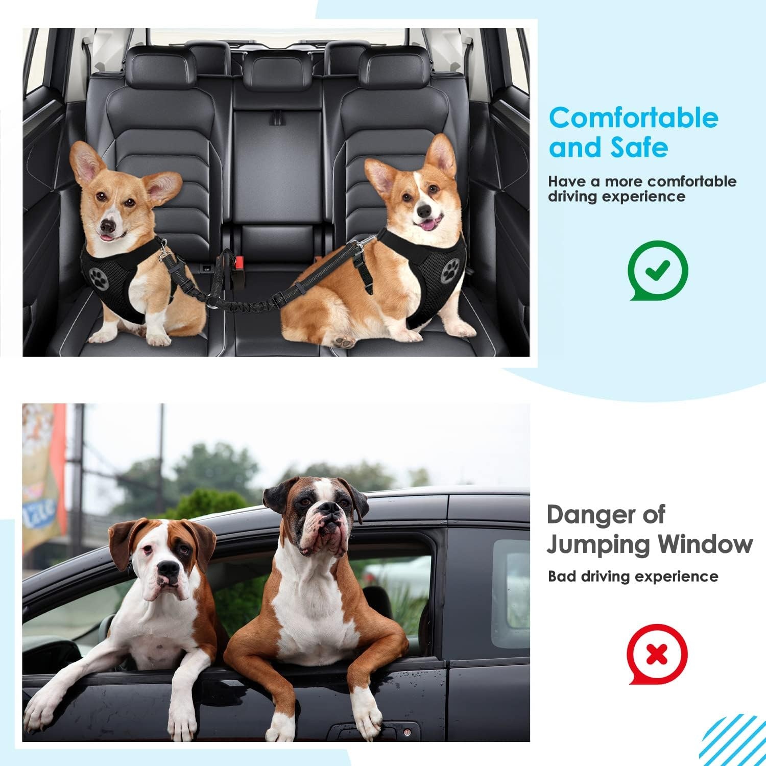 image:imageSlowTon Dog Seat Belt Double Dog Seatbelt Adjustable Vehicle Safety Leash with Elastic Bungee Buffer Reflective No Tangle Y Shape Two Dog Harness Seat Belt Splitter for Pets Car Trip Black SABlack