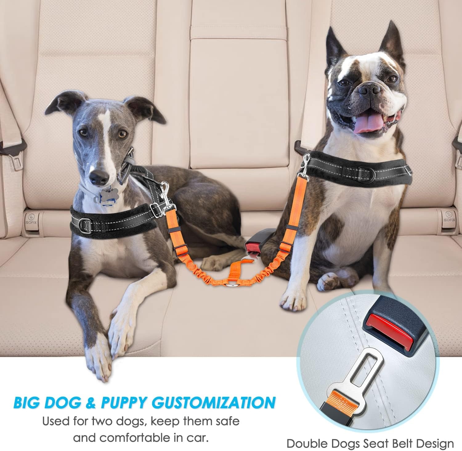 image:imageSlowTon Dog Seat Belt Double Dog Seatbelt Adjustable Vehicle Safety Leash with Elastic Bungee Buffer Reflective No Tangle Y Shape Two Dog Harness Seat Belt Splitter for Pets Car Trip Black SJOrange