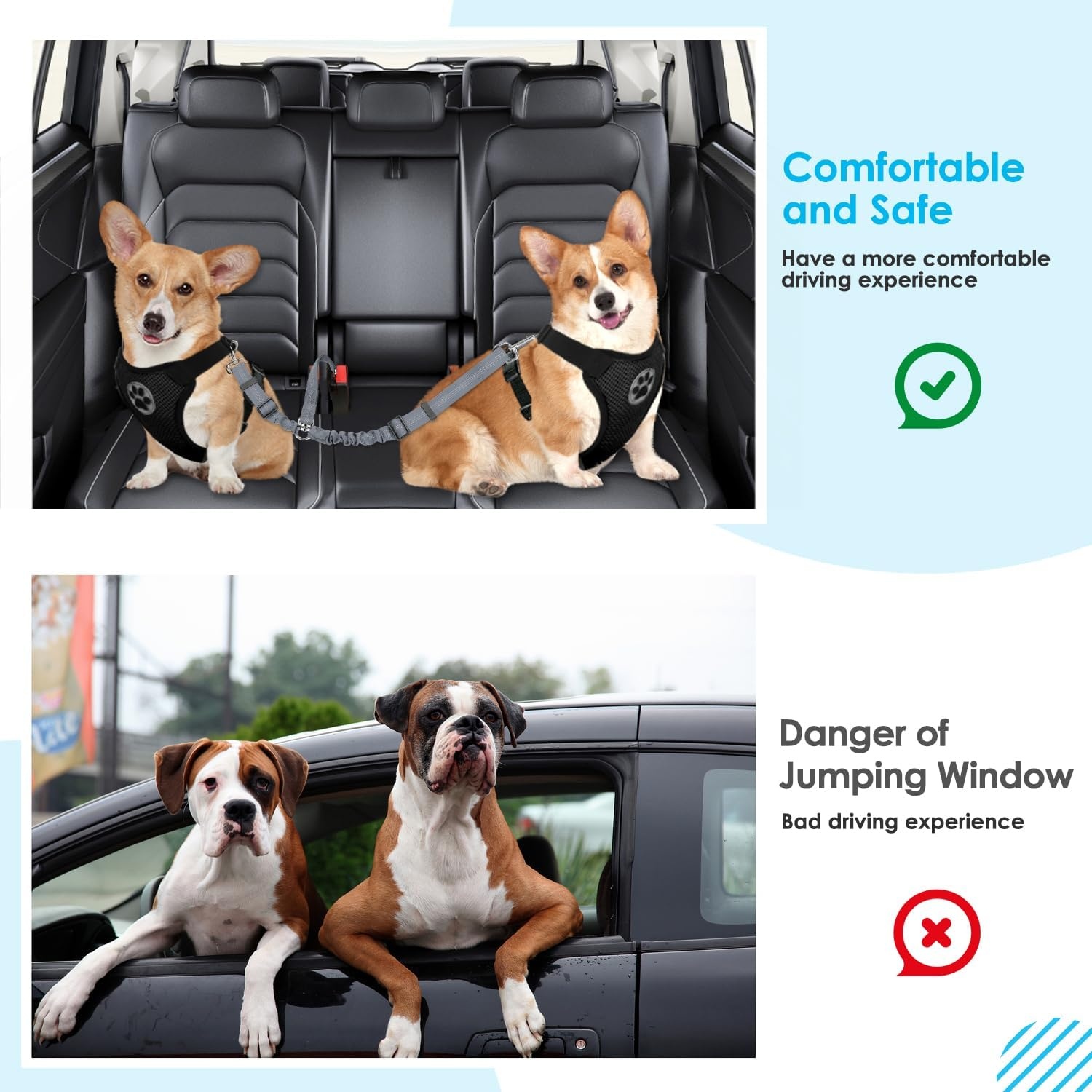 image:imageSlowTon Dog Seat Belt Double Dog Seatbelt Adjustable Vehicle Safety Leash with Elastic Bungee Buffer Reflective No Tangle Y Shape Two Dog Harness Seat Belt Splitter for Pets Car Trip Black SGGrey